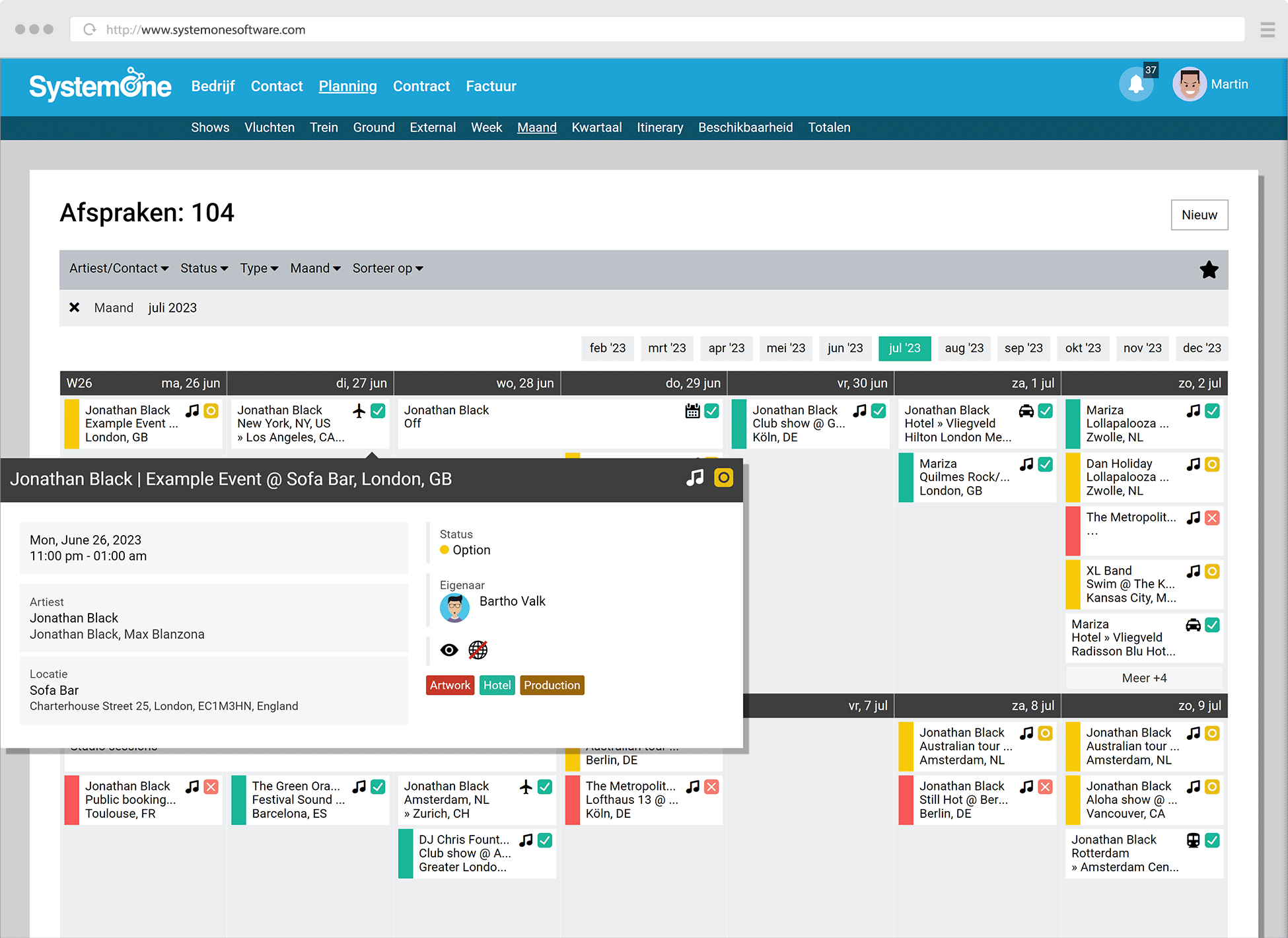 Screenshot van de kalenderweergave